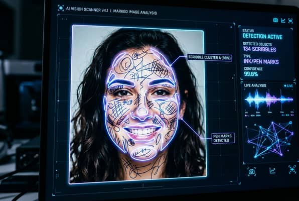 AI detecting and highlighting scribbles on a photo before removal