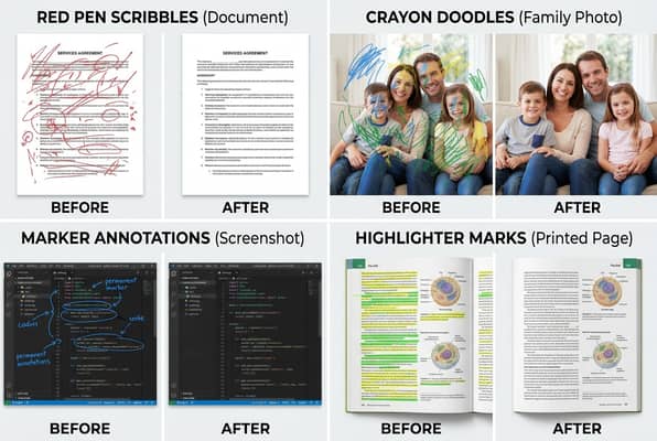 Different types of scribbles and pen marks being removed from various photos