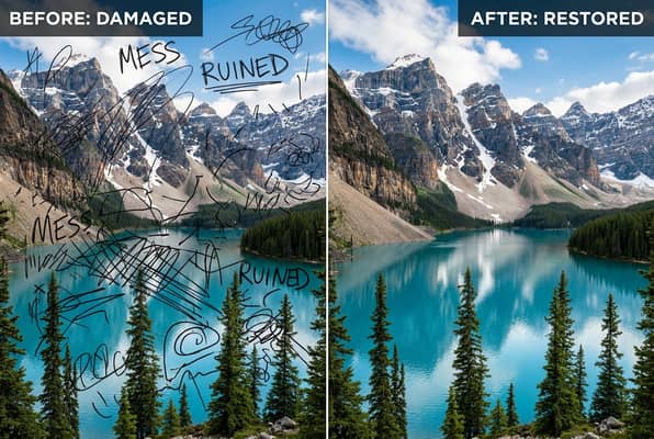 Before and after comparison showing clean photo restoration after scribble removal