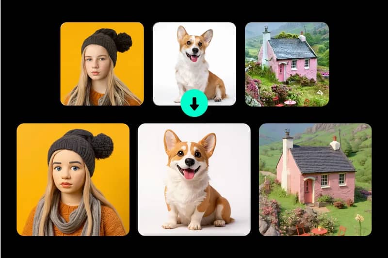 The image shows photos of people, animals, and landscapes in AI clay style.