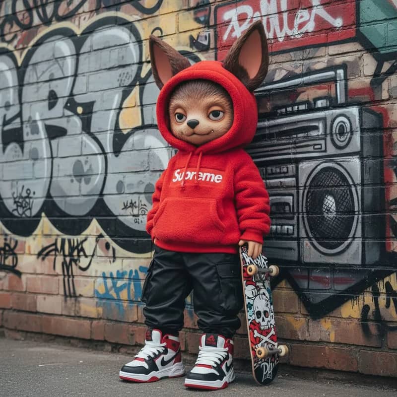 Labubu dressed as Luffy from One Piece, complete with a straw hat